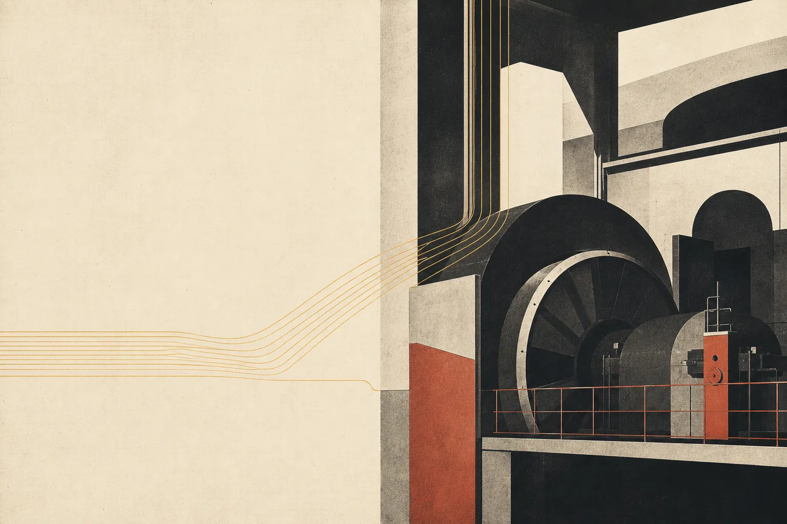 Composizione editoriale: l’elettricità che entra in una fabbrica italiana del Novecento